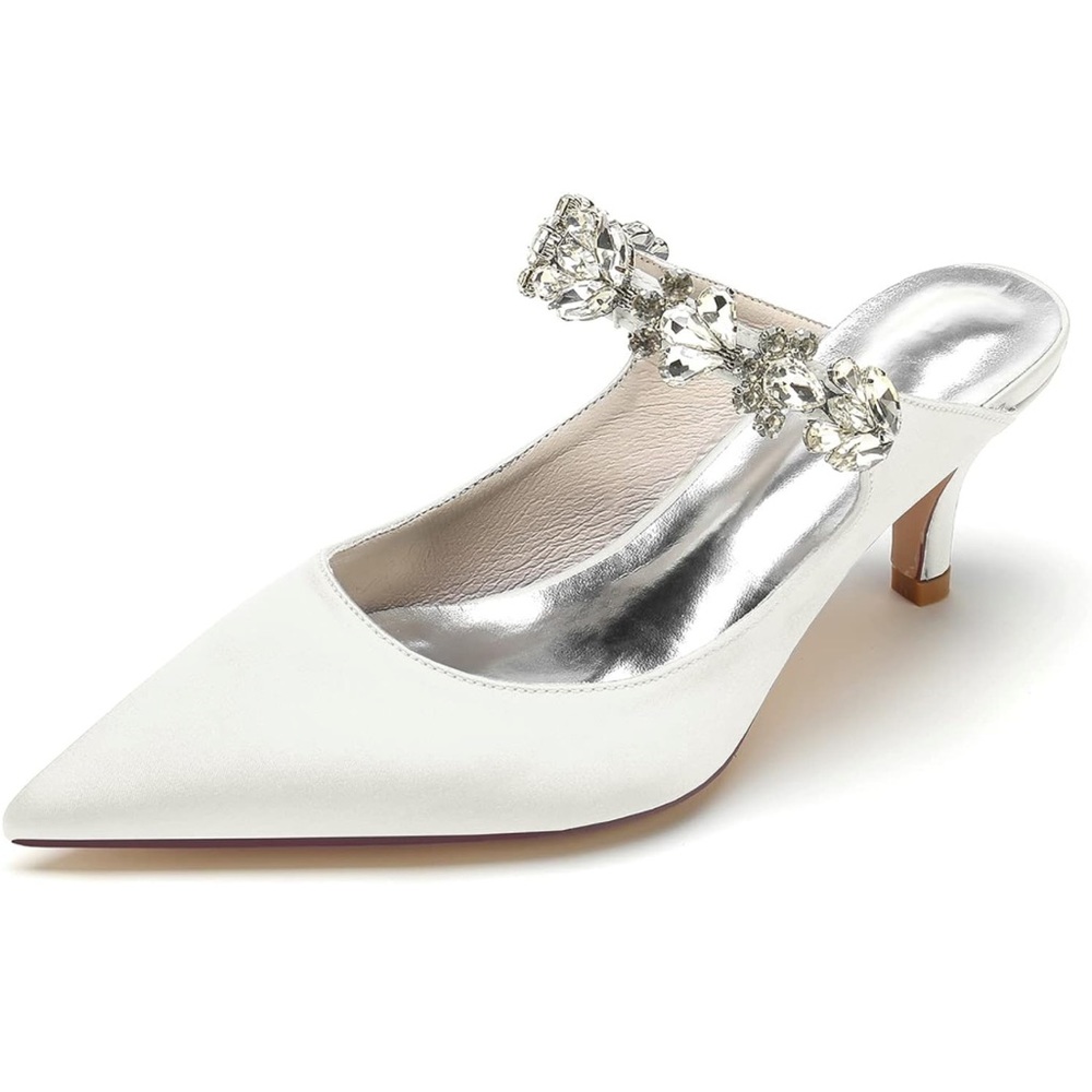 Ivory Rhinestone Satin Mule Heel